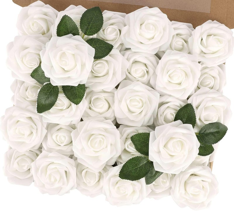 MACTING White Artificial Flower Roses 30PCS Fake Flowers with Stem Real Touch Foam Roses for DIY Wedding Bouquet Arrangements Table Centerpieces Party Bridal Shower Home Spring Valentines Day Decor - Image 1